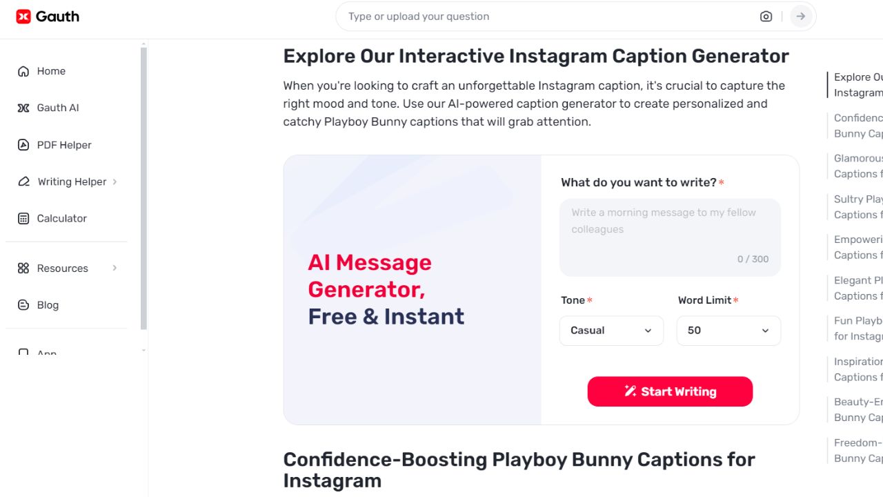 Generate Playful Playboy Bunny Captions with Gauth